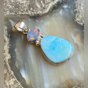 NWOT Genuine Larimar Gemstone and Doublet Opal, 925 Sterling Silver Pendant